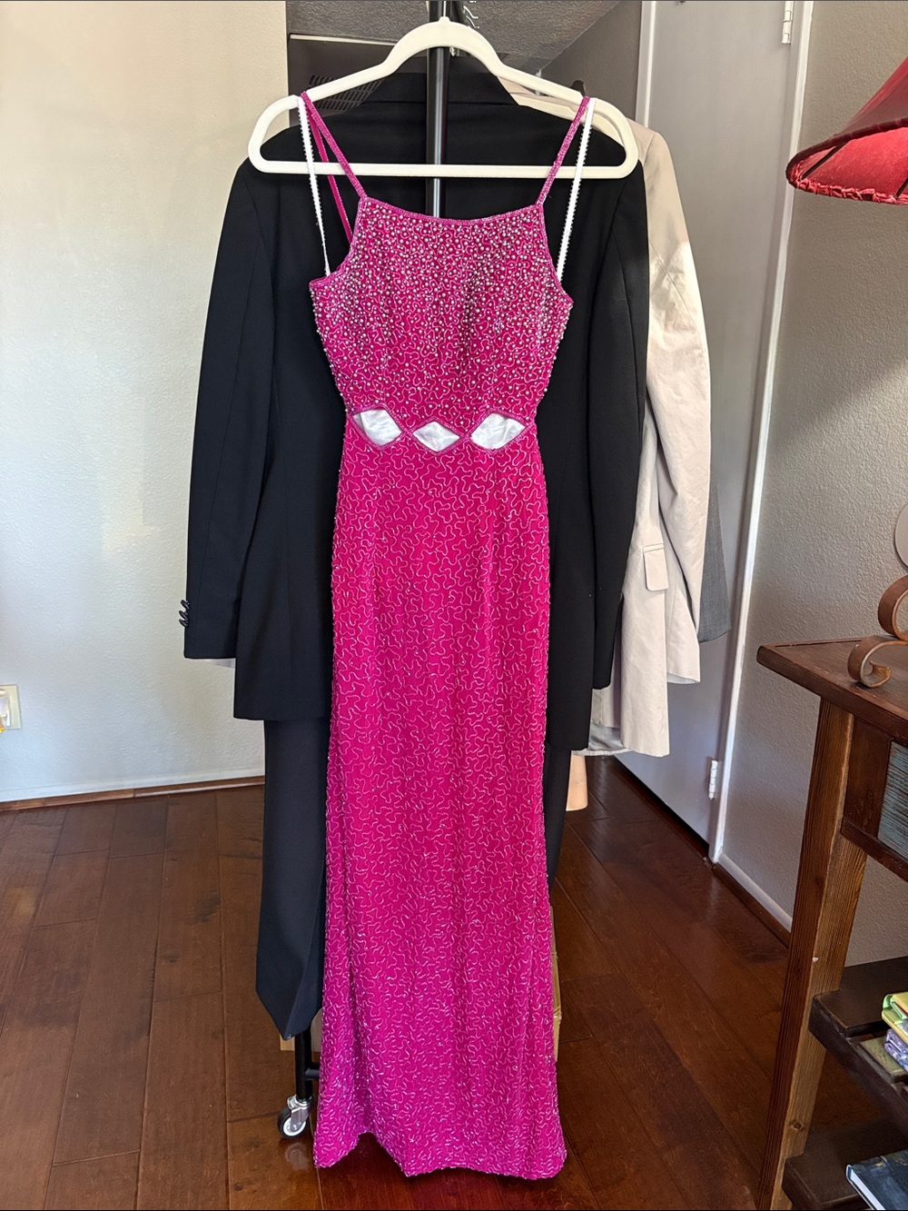 Sean x - press Pink Beaded Spaghetti-Strap Evening Dress